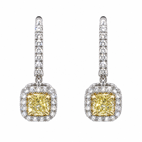18K Fancy Yellow Diamond Halo Drop Earrings